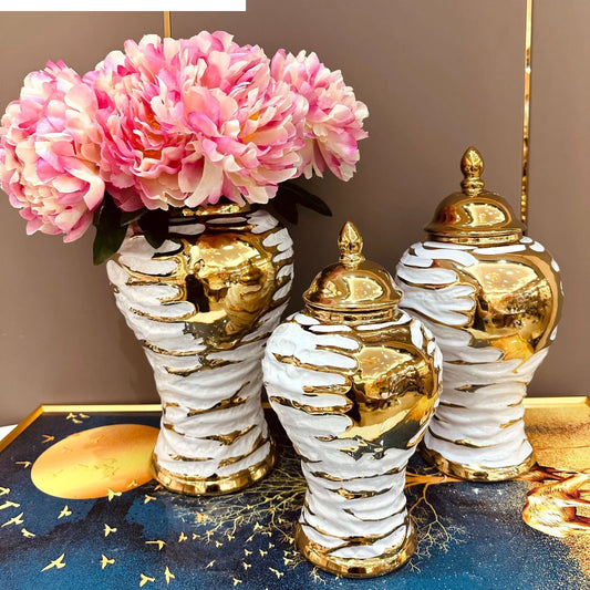 White Ceramic Jar with Gold Design for Living Room