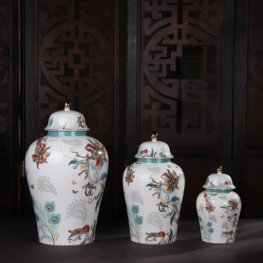 White and Green Ceramic Jar with Lids   