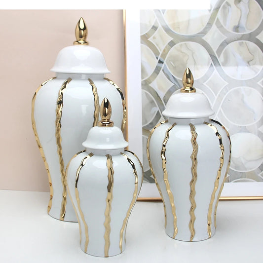 Stylish White and Gold Ceramic Jar