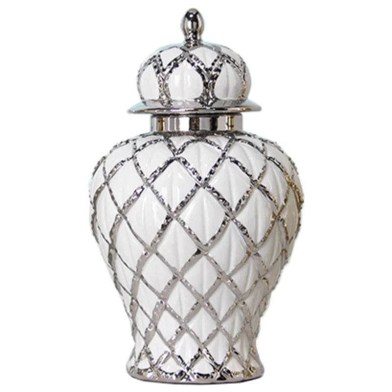 White Ceramic Jar with Silver lines