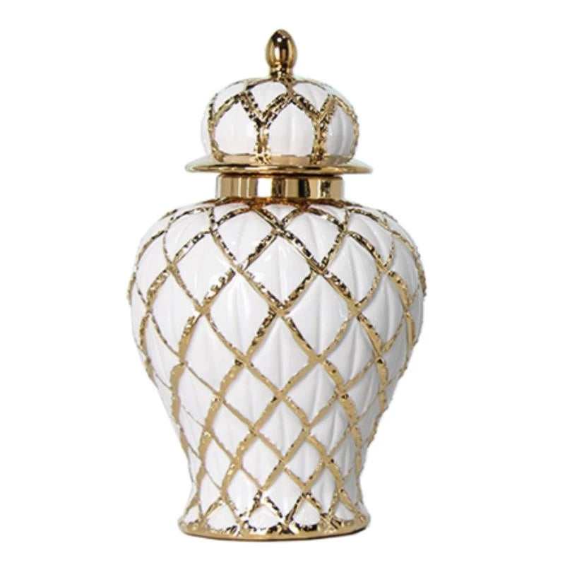 White ceramic jar with golden lines